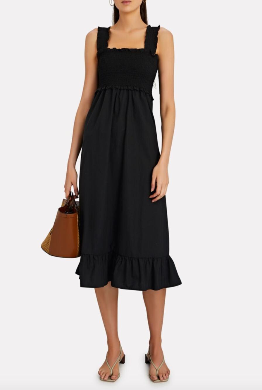 RAILS Black Rumi Smocked Midi Dress Cotton Blend Poplin Square Neckline Size L